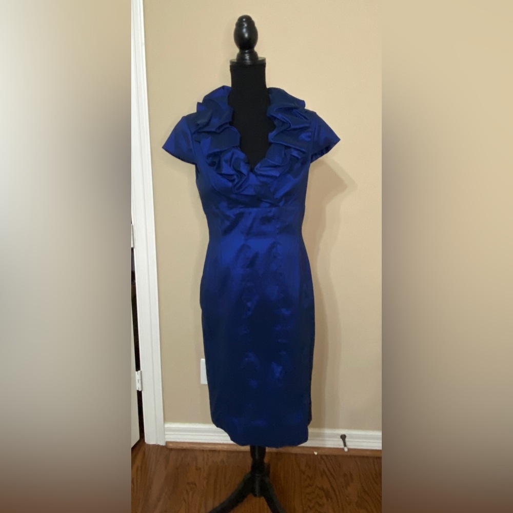 Andre Oliver Sz 12 Electric Blue ruffle neck dress.Gorgeous!True to size taffeta
